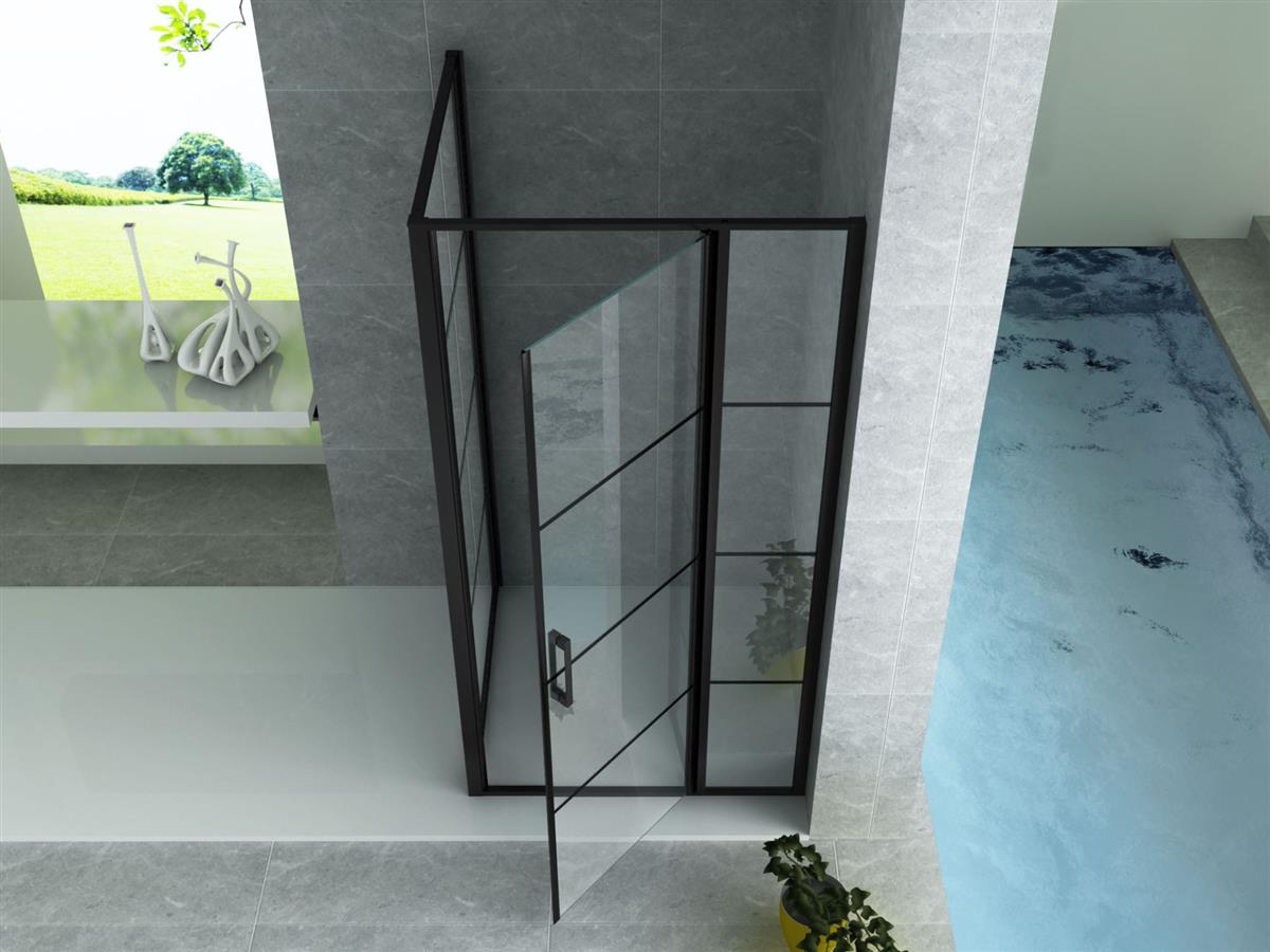 ALONI DOUCHECABINE (7/26) DRAAIDEUR, VAST WANDJE EN ZIJWAND - 900X1200 - MAT ZWART - HELDER GLAS